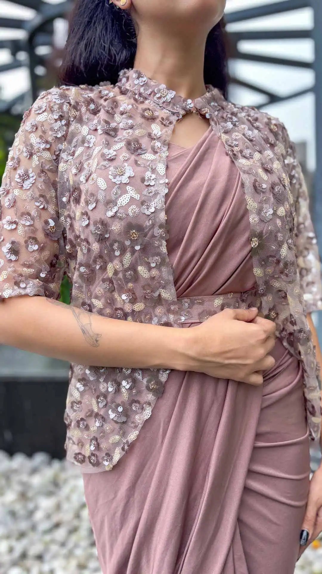 Ready to wear saree silk sleeveless blouse with sequin embellished jacket and belt