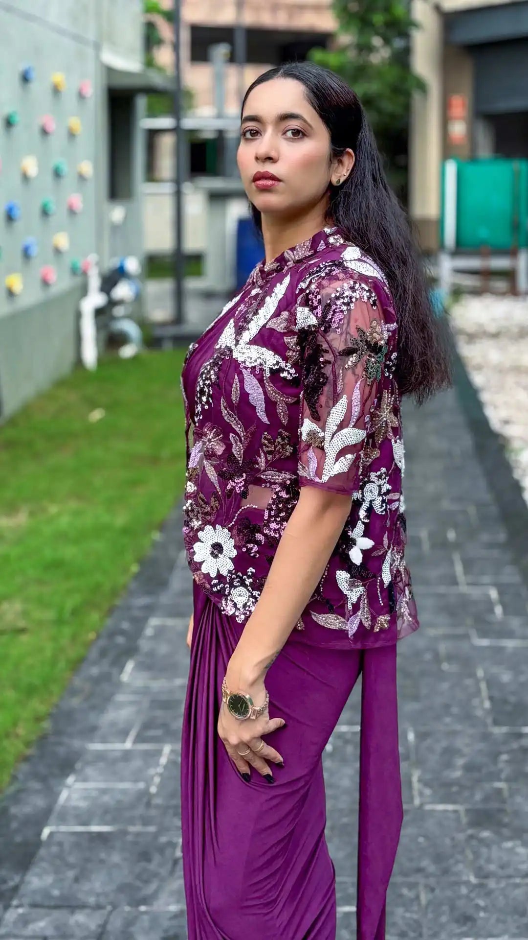 Ready to wear saree silk sleeveless blouse with sequin embellished jacket and belt