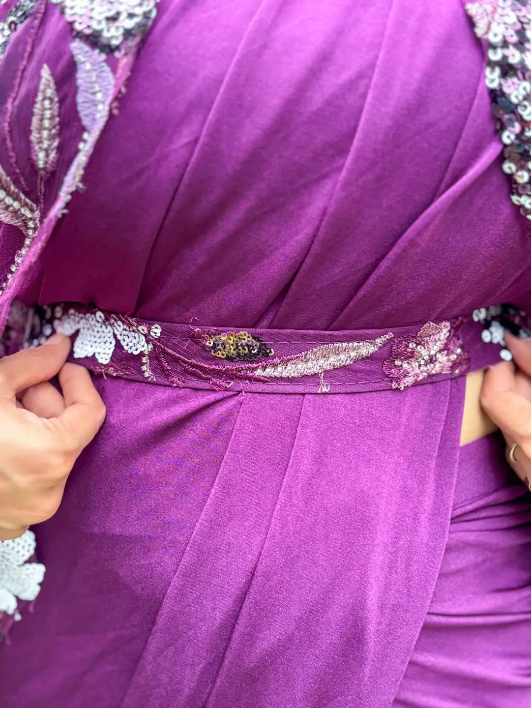 Ready to wear saree silk sleeveless blouse with sequin embellished jacket and belt