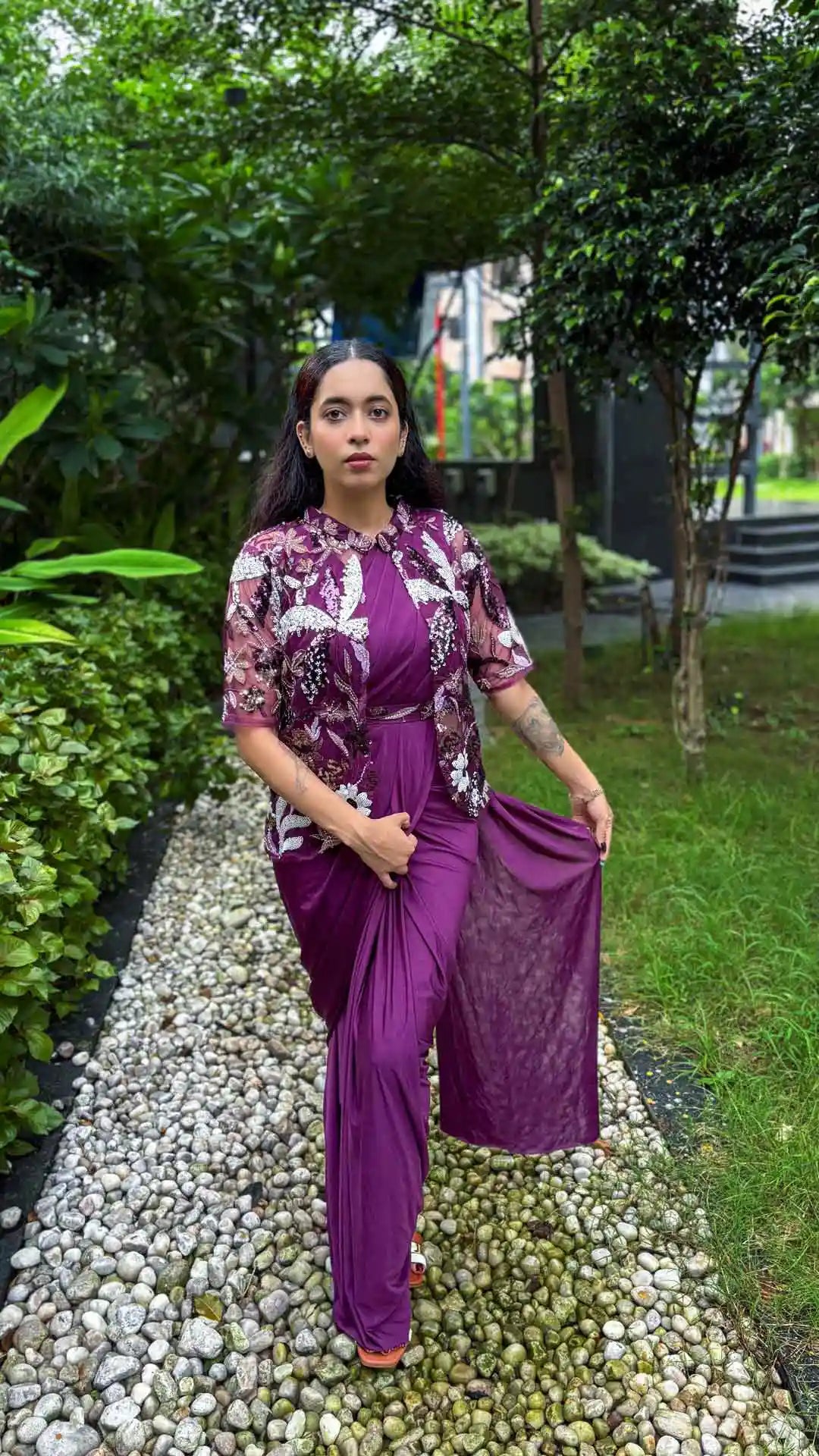 Ready to wear saree silk sleeveless blouse with sequin embellished jacket and belt