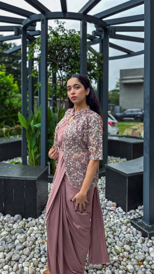 Ready to wear saree silk sleeveless blouse with sequin embellished jacket and belt