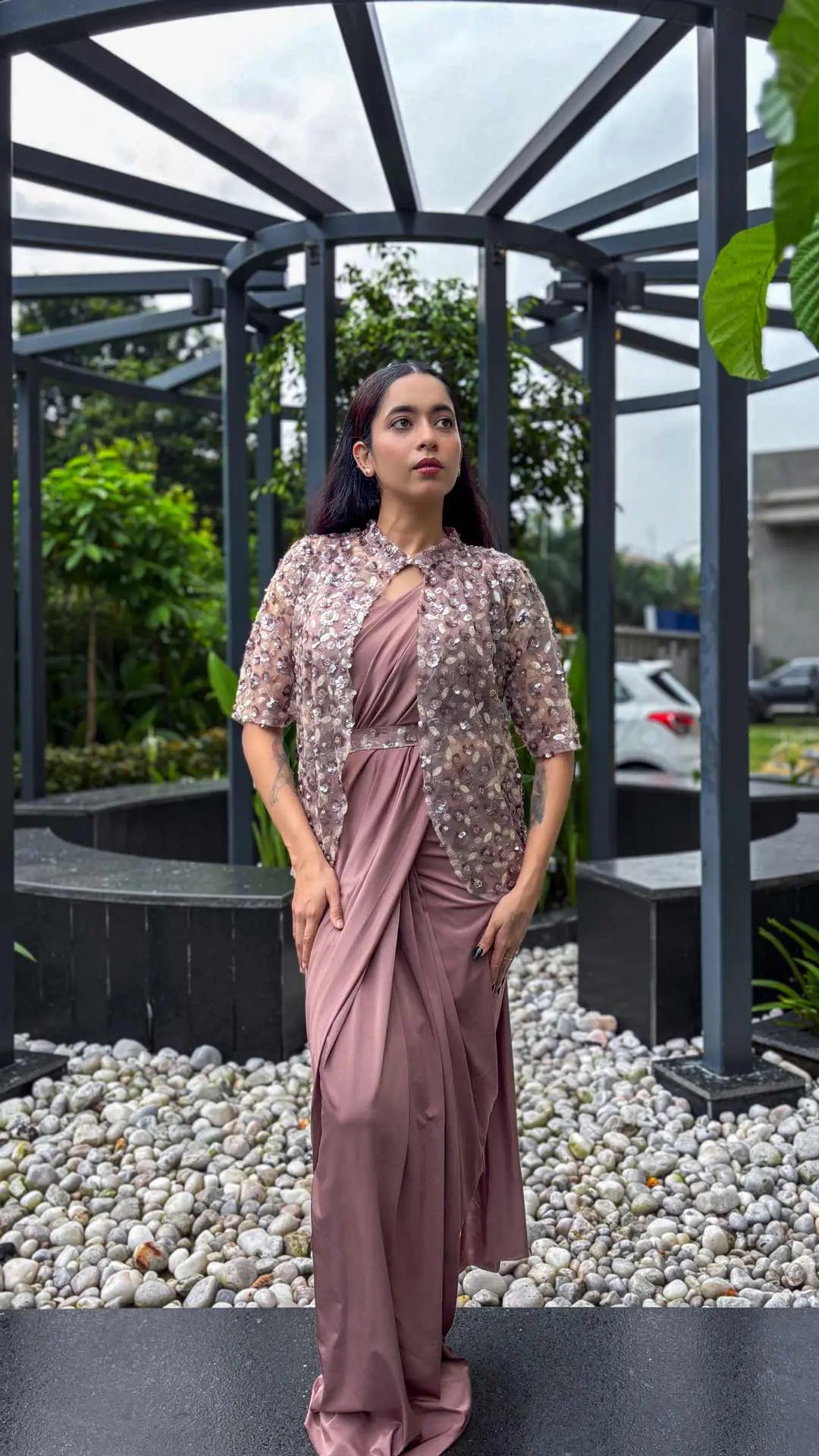 Ready to wear saree silk sleeveless blouse with sequin embellished jacket and belt